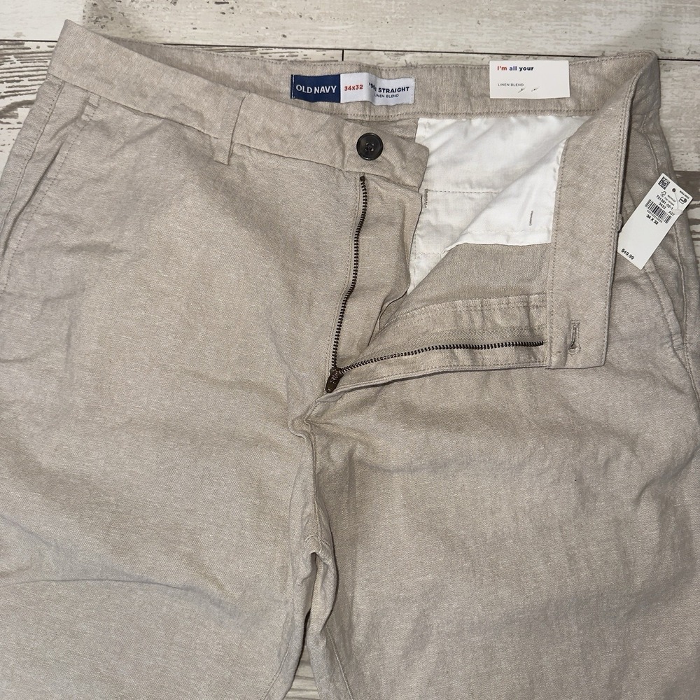 Old Navy Pants Mens 34x32 Beige 90s Straight Linen Blend Chino New Flat Front - Picture 7 of 12
